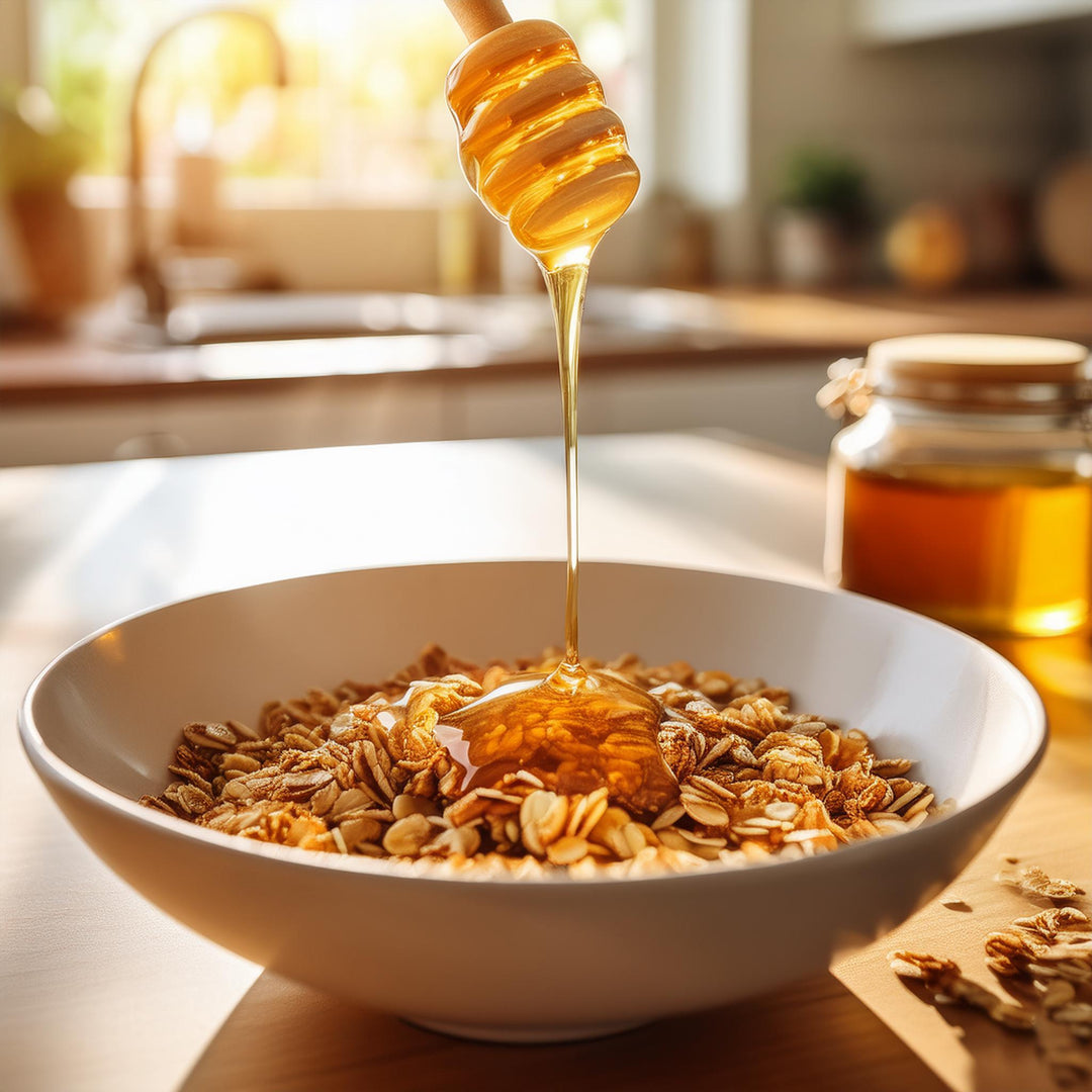 Honey granola in a white bowl, drizzled with honey, showcasing a healthy breakfast option by The SoPurist.