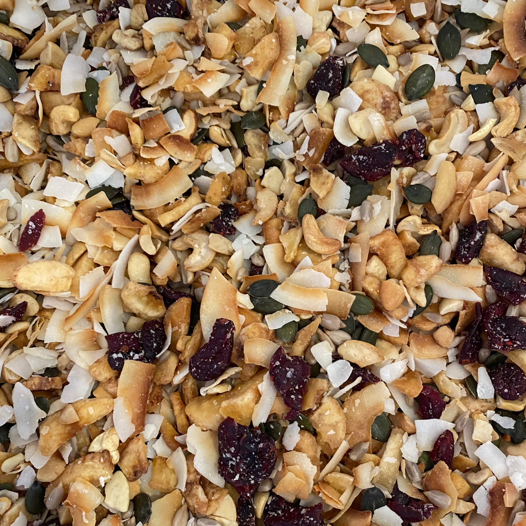 Toasted & roasted trail mix with cashews, coconut, pumpkin seeds, and cranberries by The SoPurist. Gluten-free.