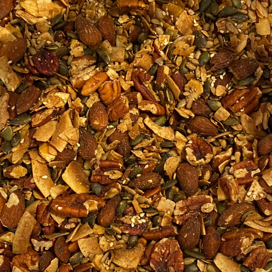 Gluten-free trail mix with nuts, seeds, and dried fruit from The SoPurist, available in 250g, 500g, and 1kg sizes.