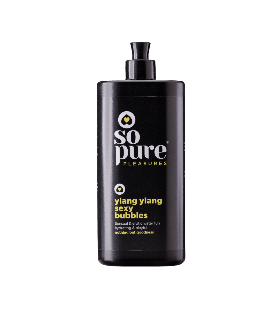 SoPure Ylang Ylang bubble bath in a clear 500ml bottle, featuring a floral design and aromatherapy benefits.