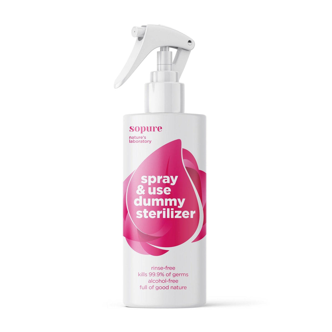 SoPure Non-Toxic Dummy Sterilizer Spray, 100ml, alcohol-free, kills 99.9% of germs, suitable for baby care.