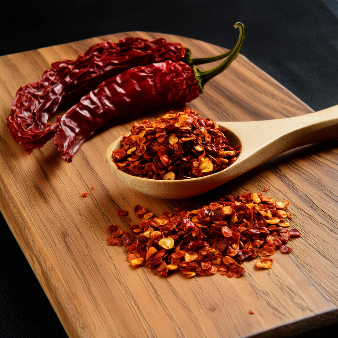 Coarse ground Bird's Eye Chili spice by AGT, vibrant red, in a 50g or 100g package, perfect for Thai dishes.
