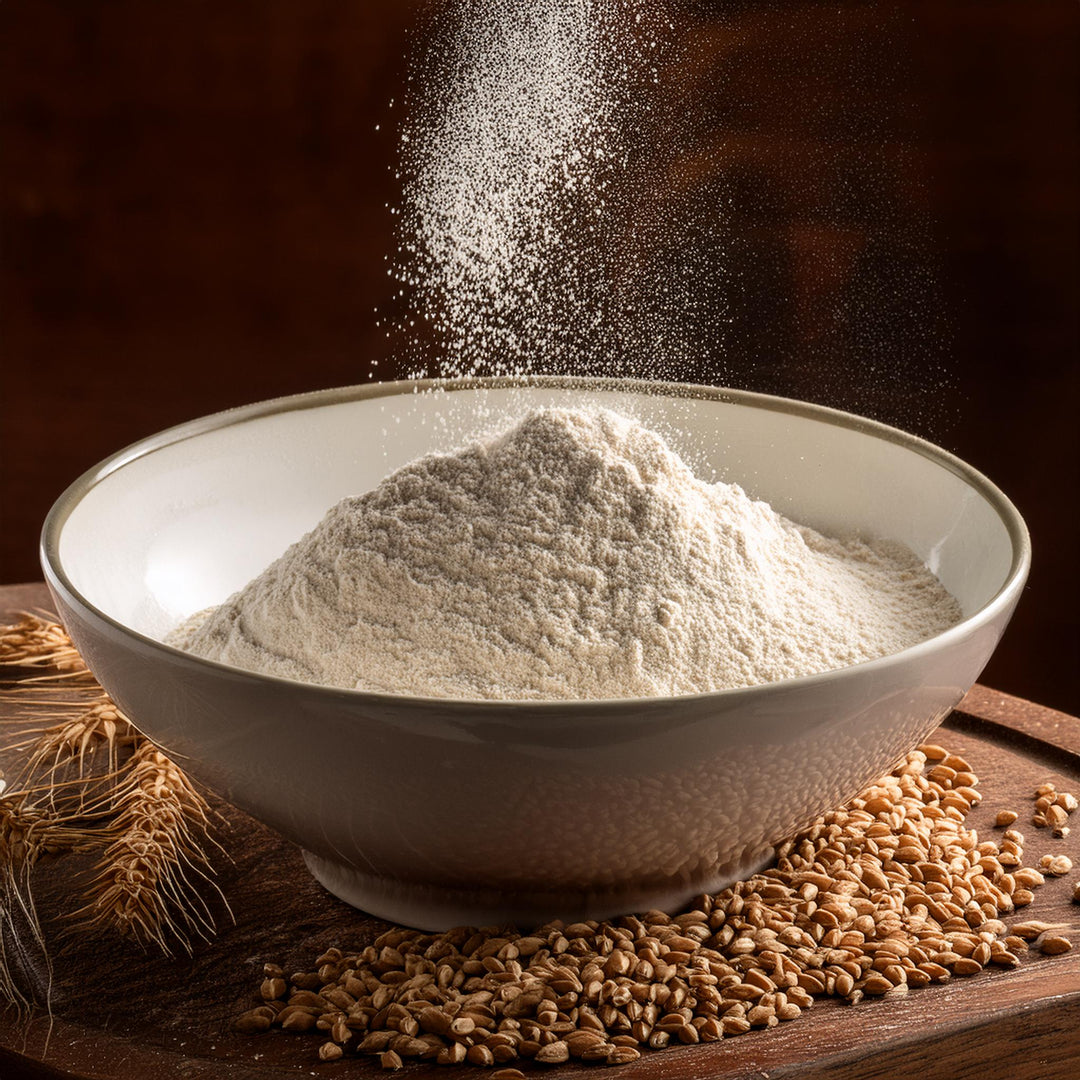 AGT Organic Buckwheat Flour in a kraft paper bag, gluten-free, stone ground, available in 100g, 250g, and 500g sizes.