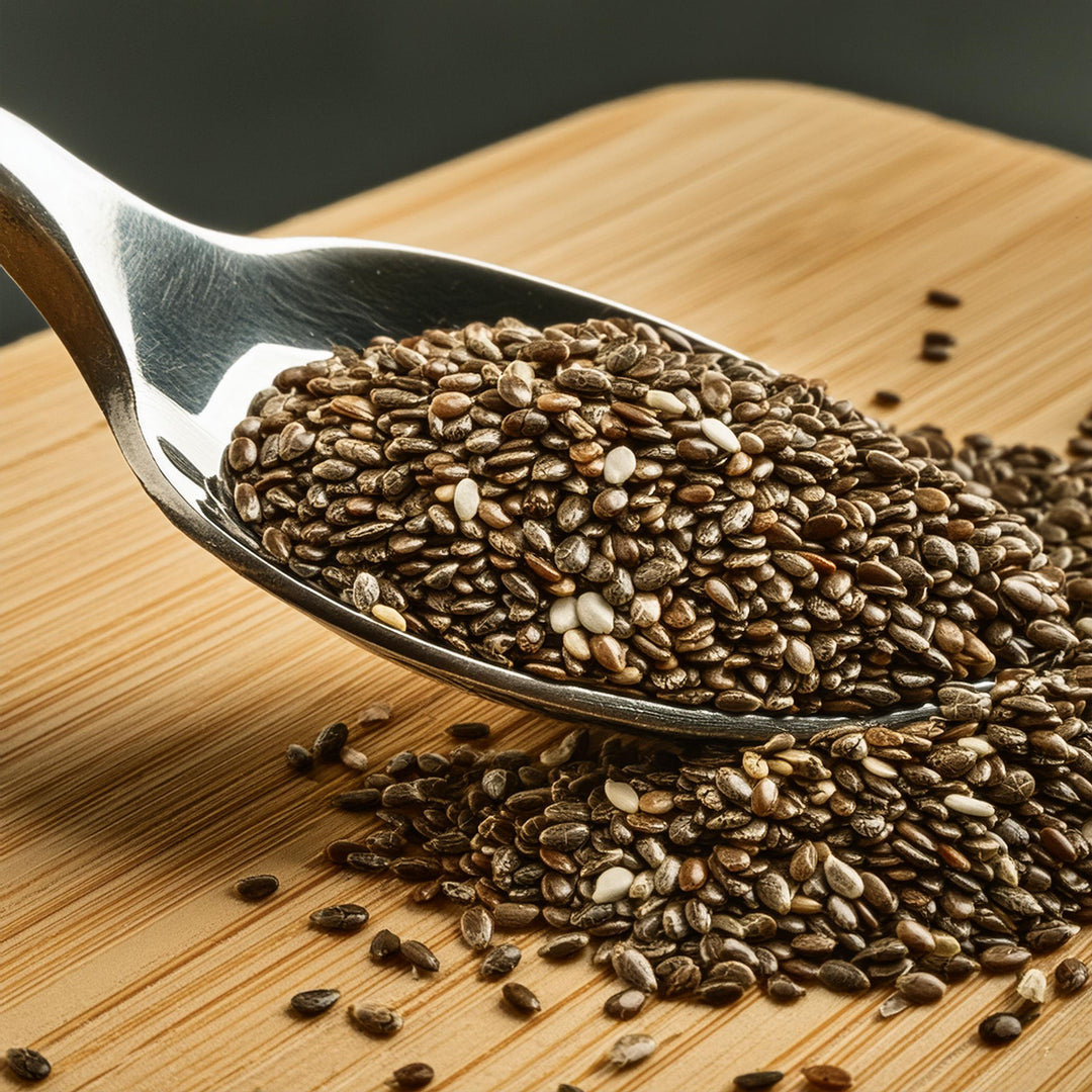 AGT organic black chia seeds in a clear package, ideal for smoothies and baking, available in 100g, 250g, and 400g sizes.