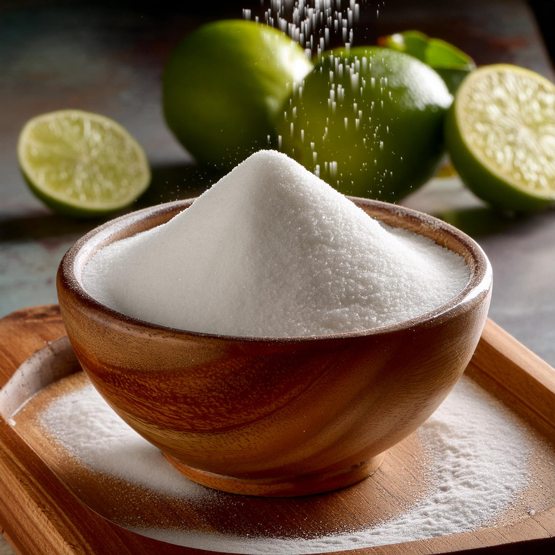 White pure citric acid powder in a resealable bag, labeled Akalwayas, for eco-friendly cleaning and baking.