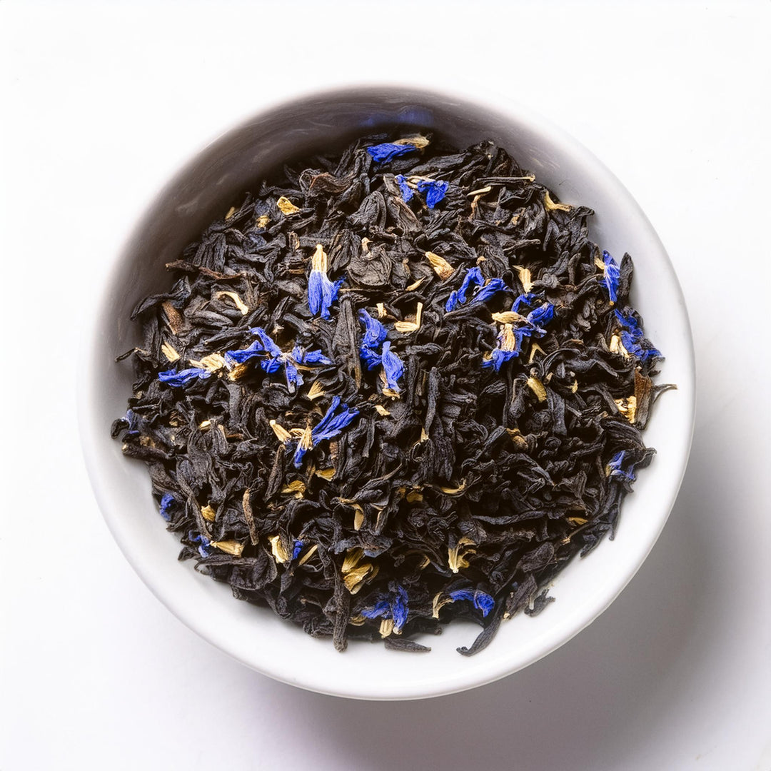 Premium Earl Grey loose leaf tea with bergamot in a decorative Toni Glass Collection tin
