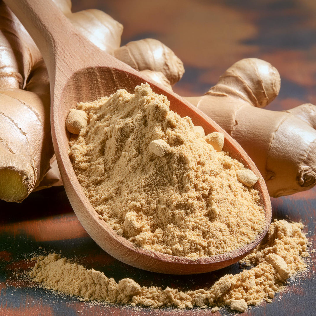 Pure ground ginger powder in a clear bag, Akalwayas brand, suitable for baking and cooking, available in 50g, 100g, 150g.