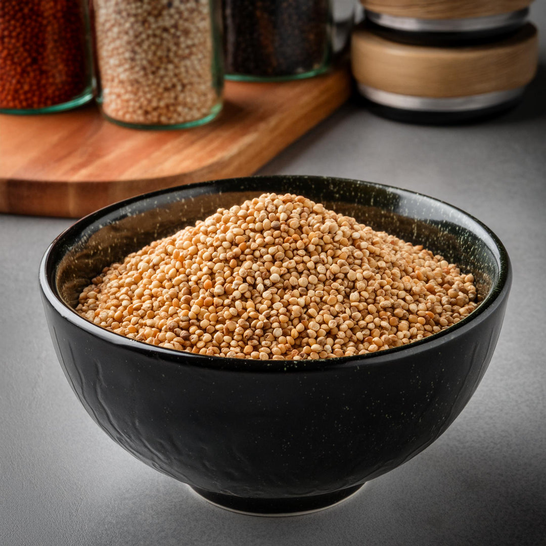 AGT millet grains in a clear bag, available in 500g and 1kg sizes, gluten-free and high in fiber.