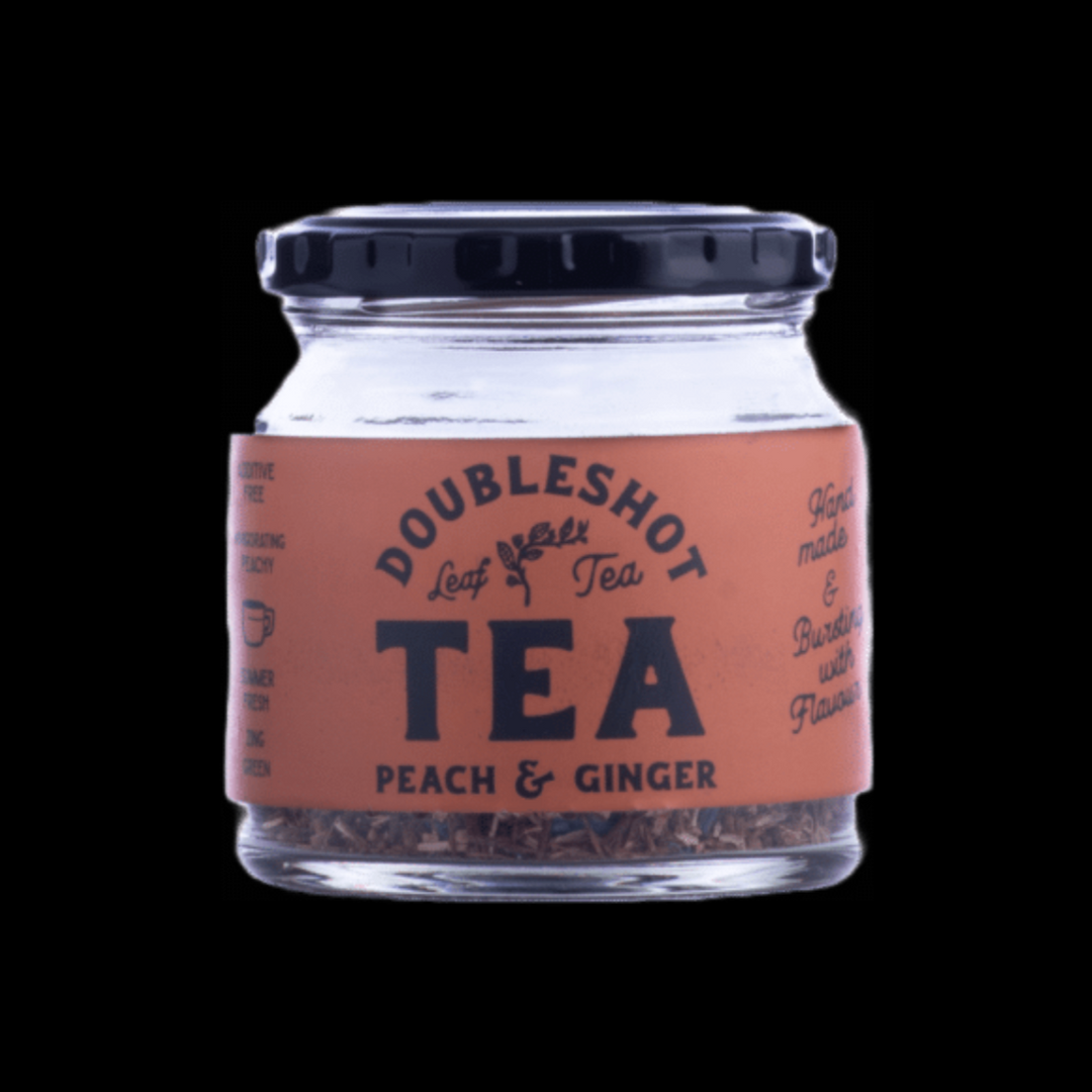 Peach and ginger green rooibos tea bags by Double Shot, caffeine-free with vibrant fruit and herbal blend