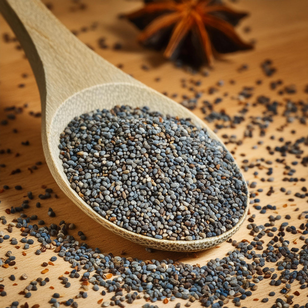AGT blue poppy seeds in a clear package, available in 50g, 150g, and 250g sizes for baking and cooking.
