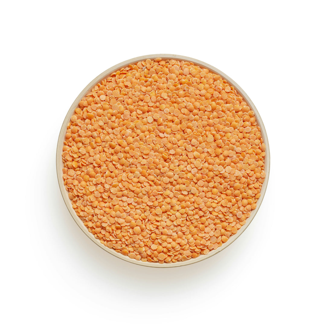 AGT red split lentils in a clear bag, bulk dried legumes, gluten-free, available in 250g, 500g, and 1kg sizes