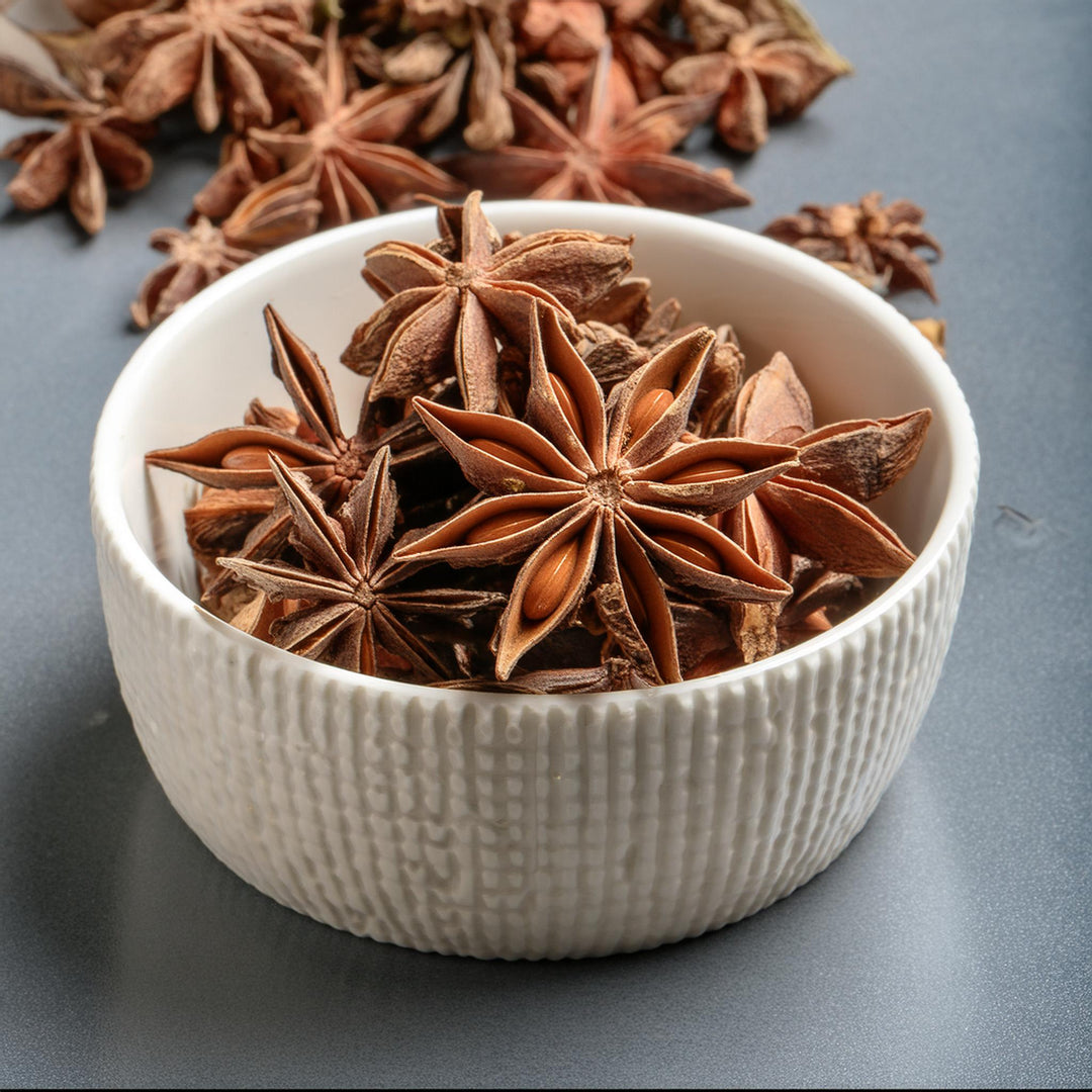Whole star anise spice in a clear bag, AGT brand, available in 50g, 100g, and 150g sizes.