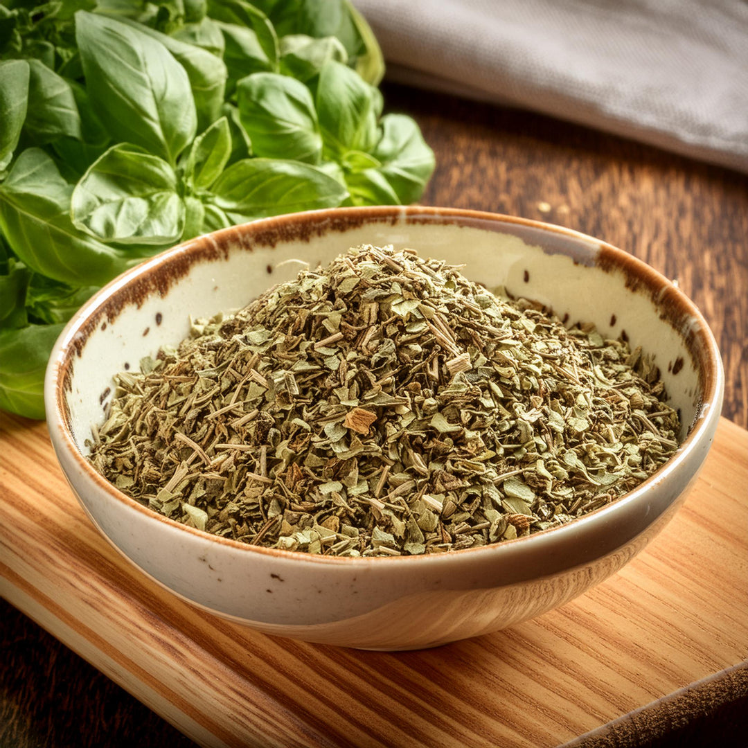 Fresh green sweet basil leaves in a 25g AGT packaging, ideal for culinary use.