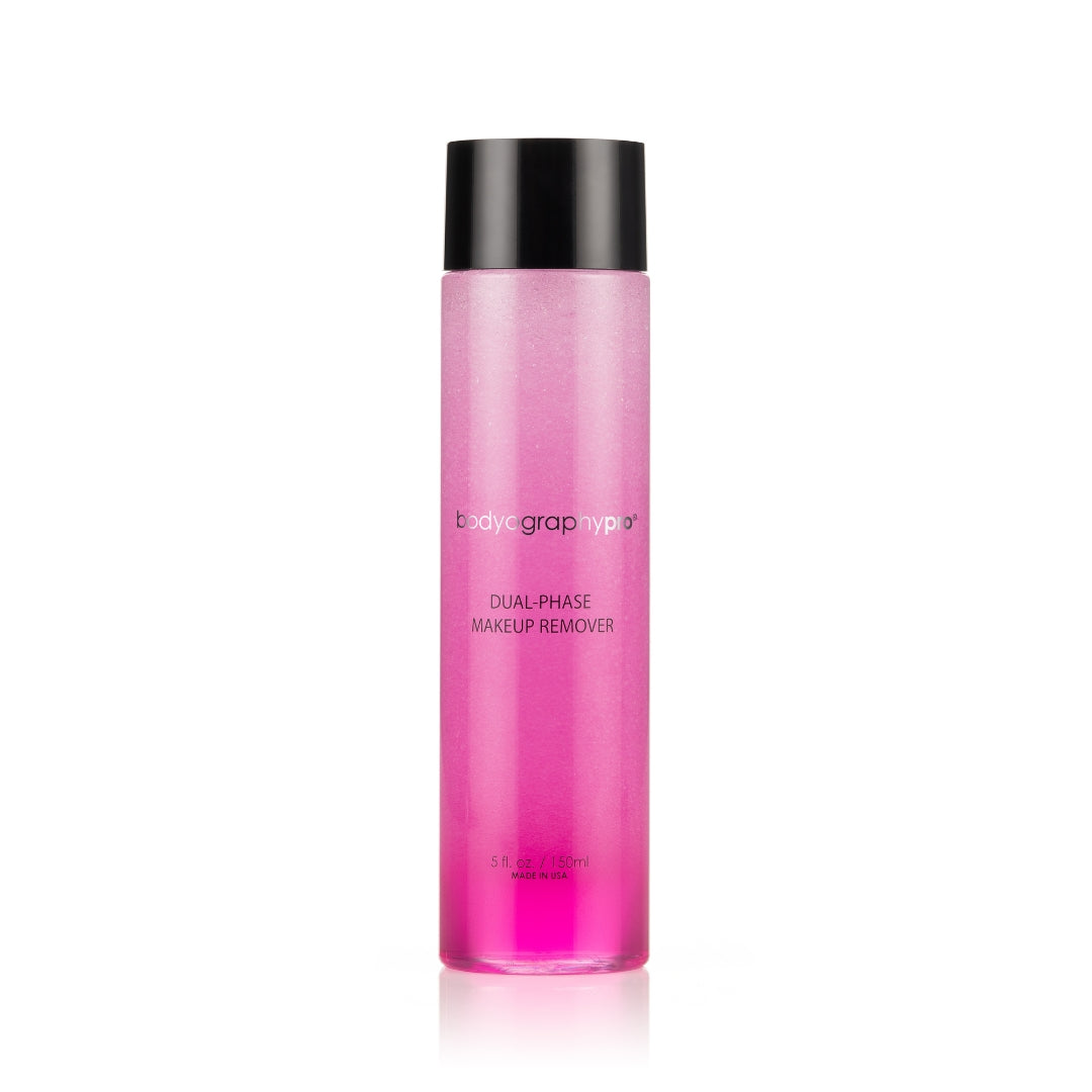 BodyographyPRO Dual Phase Waterproof Makeup Remover 150ml bottle with blue and clear liquid