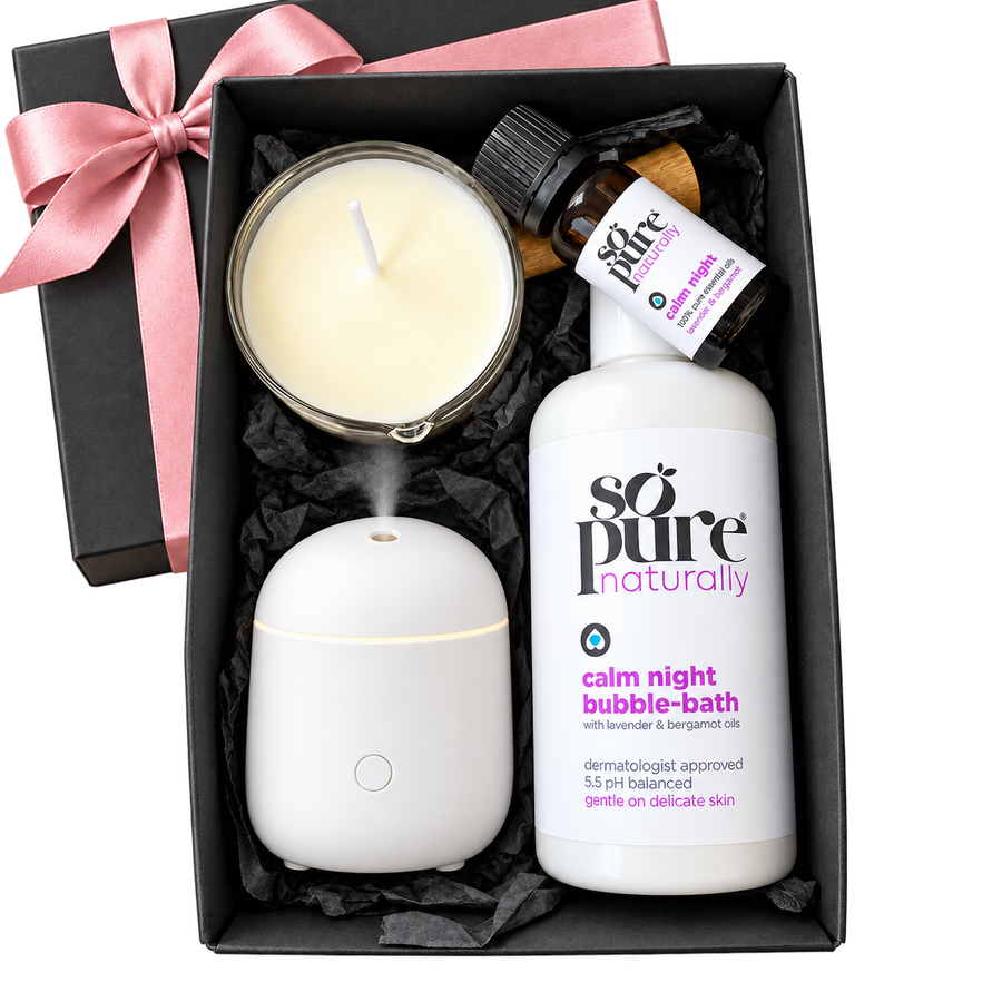 SoPure Calm Night gift box with pink ribbon and atomiser