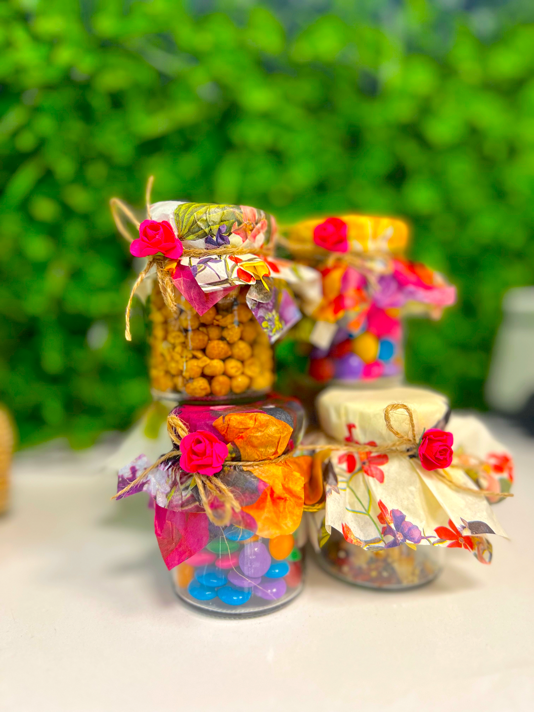 Colourful desk snack jars