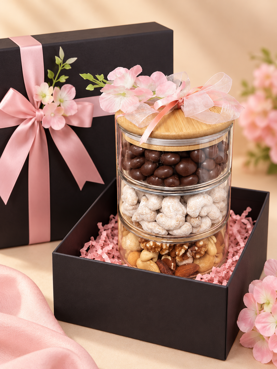 Tiered chocolate and nuts gift in black box
