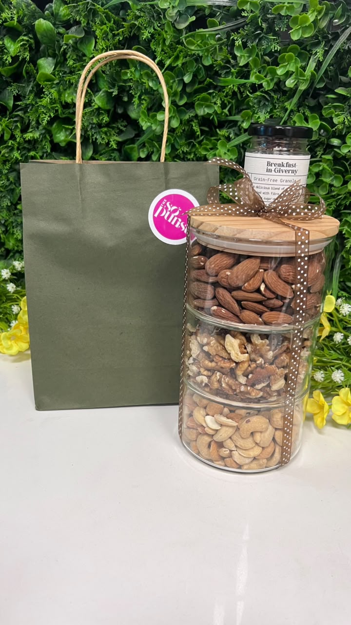 Tiered nuts gift with almonds, walnuts and cashews